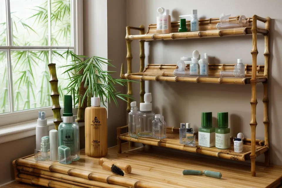 Bamboo tray holding topical nail care oil and lavender beside a yoga mat, part of a topical remedies routine