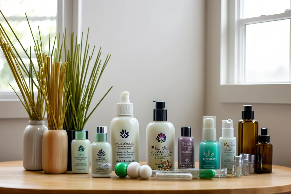 Close-up of bare feet on a yoga mat with a bottle of nail serum.