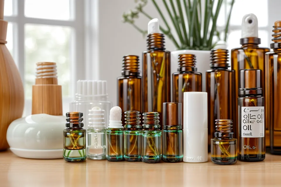 Close-up of applying essential oil blend to toenails on a yoga mat.