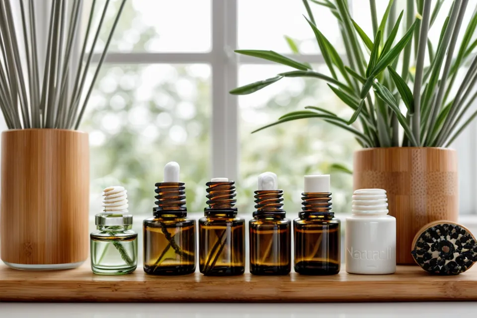 Natural foot care spray and supplement capsules next to yoga equipment.