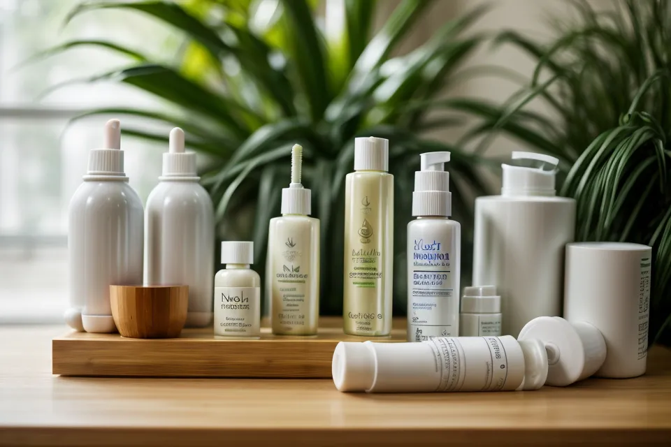 Nail care oil and a dry brush on a bamboo shelf