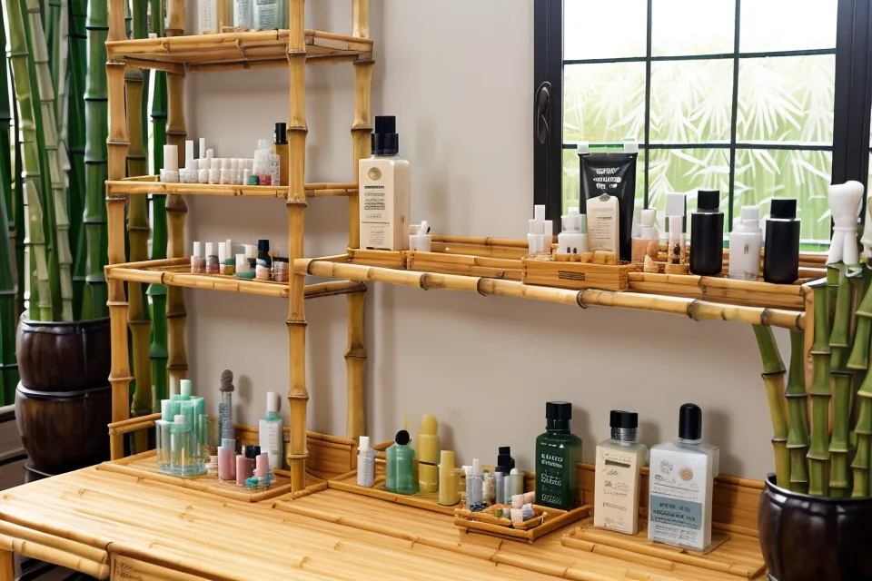 Organized nail care products and cotton rounds on a bathroom shelf.