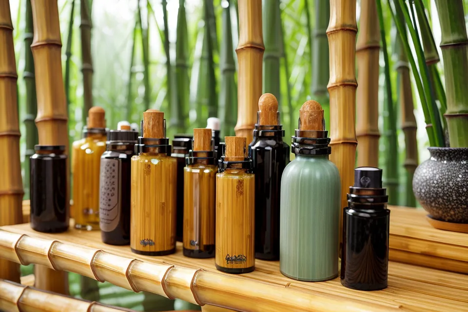 Close-up of a topical nail oil bottle and applicator brush in a yoga studio.