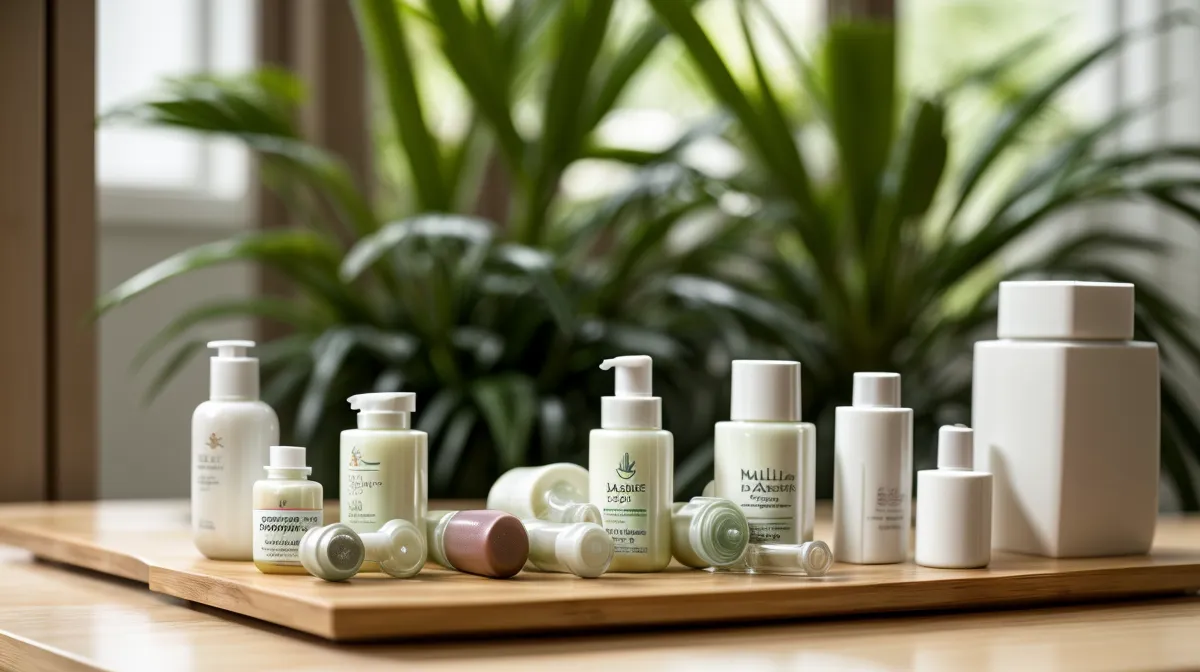 Barefoot yoga teacher comparing a topical nail oil dropper against an oral supplement capsule for toenail health