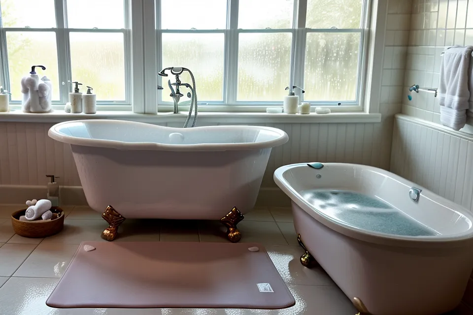 A yoga mat undergoing a deep-cleaning vinegar soak in a bathtub.