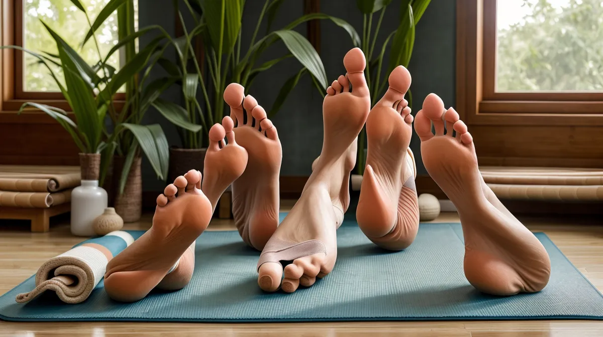 Barefoot yoga teacher's toenail health and foot care routine, part of a holistic yoga-lifestyle approach to nail health